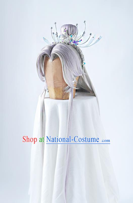 Handmade China Traditional Puppet Show Ren Piaomiao Hairpieces Ancient Immortal Headdress Cosplay Swordsman Lilac Wigs and Hair Crown