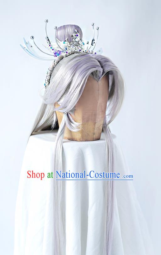 Handmade China Traditional Puppet Show Ren Piaomiao Hairpieces Ancient Immortal Headdress Cosplay Swordsman Lilac Wigs and Hair Crown