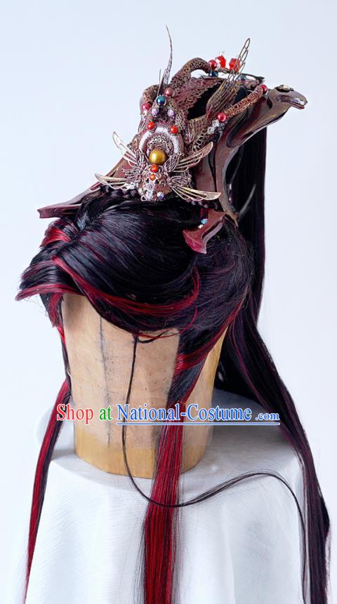 Handmade China Ancient Young Childe Headdress Cosplay Swordsman Red Wigs and Hair Crown Traditional Puppet Show King Shangguan Hongxin Hairpieces