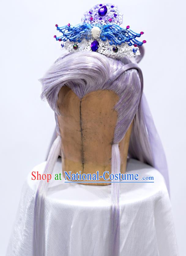 Handmade China Traditional Puppet Show Murong Ning Hairpieces Ancient Chivalrous Male Headdress Cosplay Royal Prince Lilac Wigs and Hair Crown