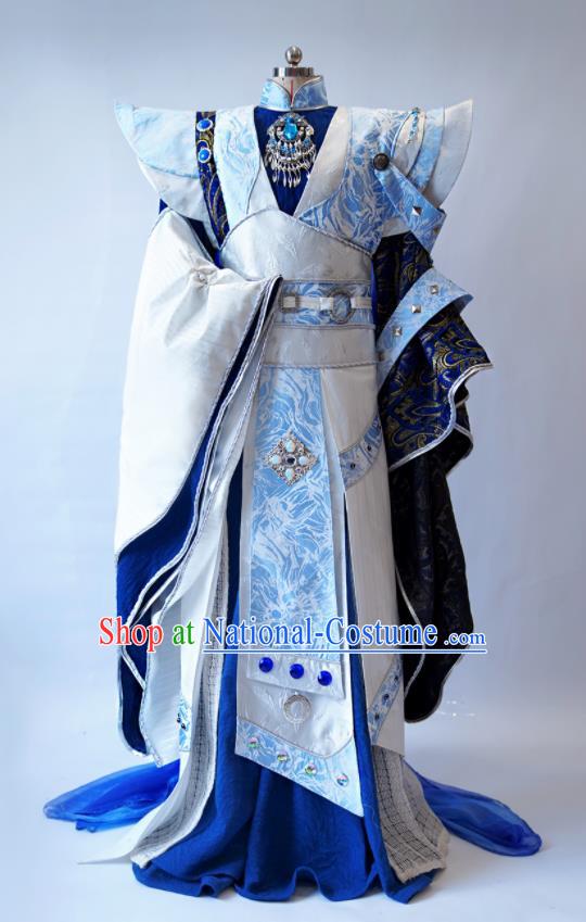 Custom China Ancient Royal Highness Garment Costumes Cosplay Swordsman Blue Outfits Puppet Show Murong Ning Clothing