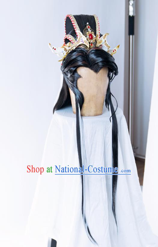 Handmade China Cosplay Royal Prince Wigs and Hair Crown Traditional Puppet Show Mo Lisao Hairpieces Ancient Chivalrous Male Headdress