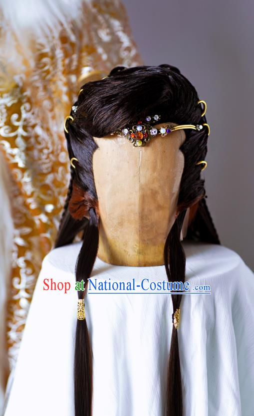 Handmade China Ancient Noble Prince Headdress Cosplay Royal King Wigs and Hair Crown Traditional Puppet Show Young Hero Hairpieces