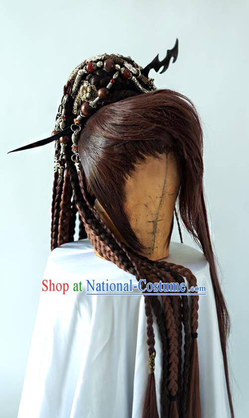 Handmade China Traditional Puppet Show Young Hero Hairpieces Ancient Swordsman Headdress Cosplay Knight Brown Braids Wigs and Hair Crown