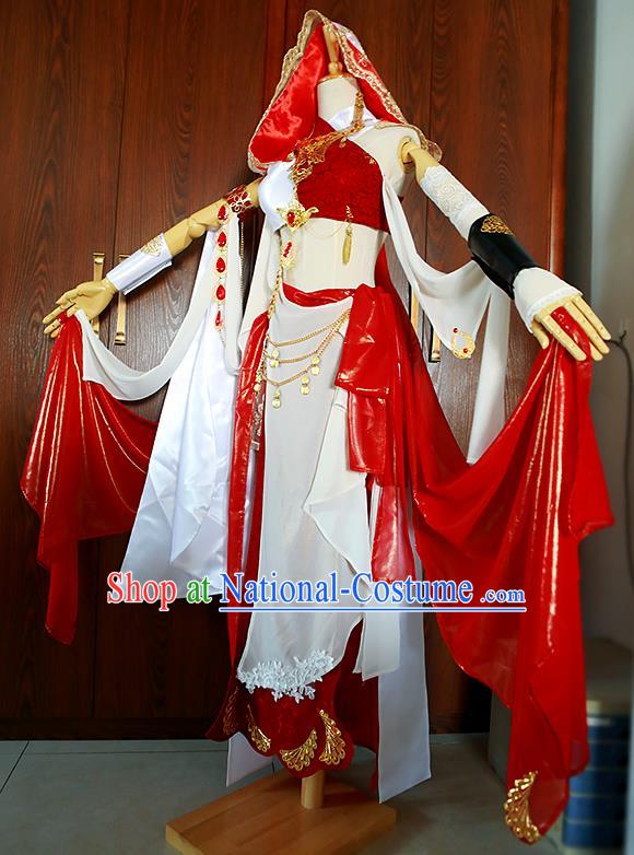 Top Chinese Traditional Game Role Heroine Red Dress Apparels Cosplay Female Warrior Garment Costumes Ancient Swordswoman Clothing