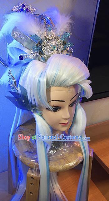 Handmade China Traditional Puppet Show Patriarch Hairpieces Ancient Taoist Master Headdress Cosplay Swordsman White Wigs and Hair Crown