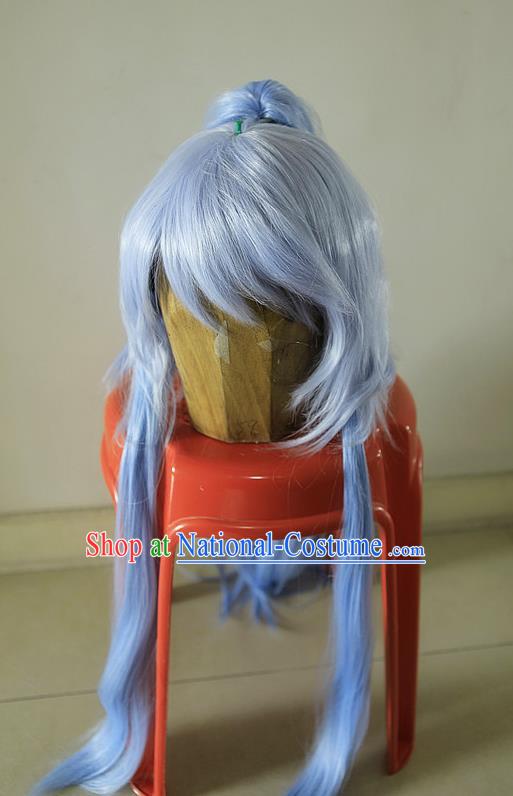 Handmade China Ancient Swordsman Headdress Cosplay Young Knight Blue Wigs Traditional Puppet Show Chivalrous Hero Hairpieces