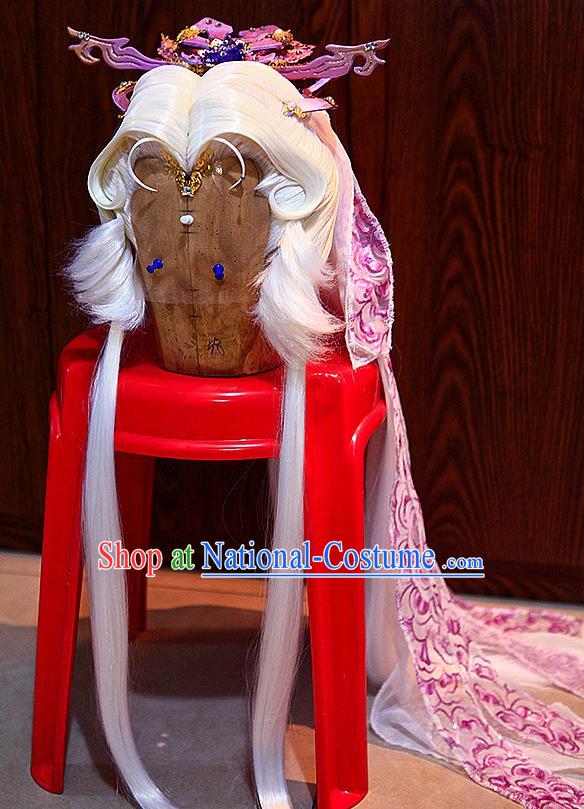 Handmade China Traditional Puppet Show Chivalrous Man Su Huanzhen Hairpieces Ancient Swordsman Headdress Cosplay Taoist White Wigs and Hair Crown