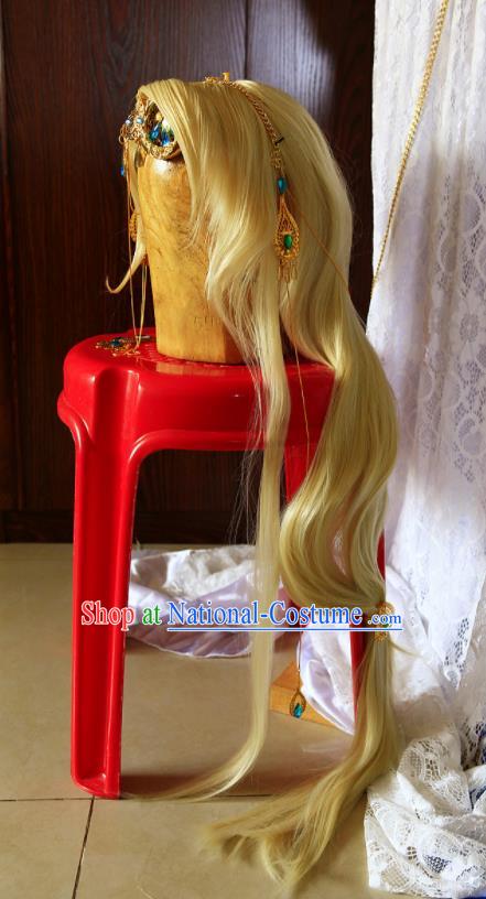 Chinese Traditional Puppet Show Swordswoman Hairpieces Cosplay Female Knight Hair Accessories Ancient Princess Golden Wigs Headwear