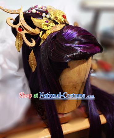 Handmade China Traditional Puppet Show Swordsman Hairpieces Ancient Royal Prince Headdress Cosplay Demon King Purple Wigs and Hair Crown