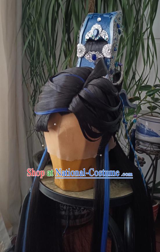 Handmade China Ancient Royal Prince Headdress Cosplay Young Hero Wigs and Hair Crown Traditional Puppet Show Swordsman Hairpieces