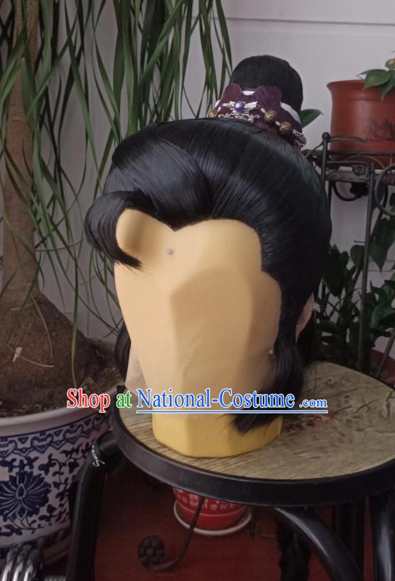 Handmade China Cosplay Chivalrous Male Black Wigs Traditional Puppet Show Swordsman Hairpieces Ancient Young Hero Headdress