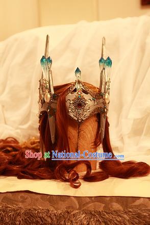 Handmade China Cosplay Demon King Red Wigs and Hair Crown Traditional Puppet Show General Hairpieces Ancient Royal Prince Headdress