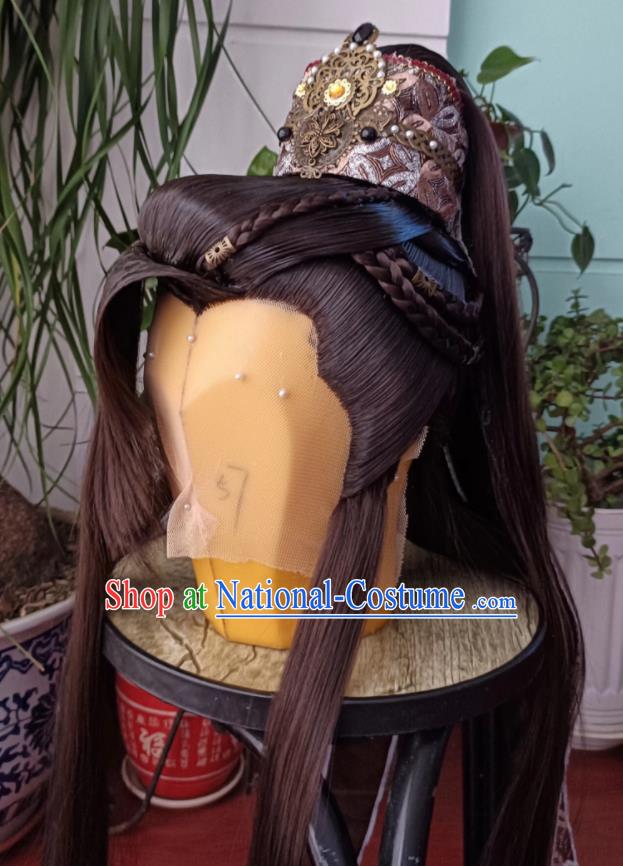 Handmade China Ancient Noble Childe Headdress Cosplay Swordsman Brown Wigs and Hairdo Crown Traditional Puppet Show Qi Hanyu Hairpieces