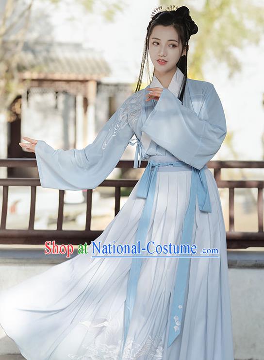 China Jin Dynasty Noble Childe Historical Clothing Traditional Embroidered Blue Hanfu Apparels Ancient Swordsman Garment Costumes