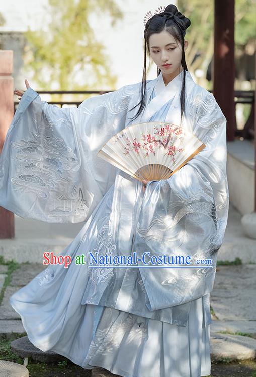 China Jin Dynasty Noble Childe Historical Clothing Traditional Embroidered Blue Hanfu Apparels Ancient Swordsman Garment Costumes