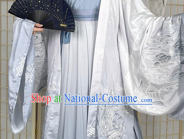 China Jin Dynasty Noble Childe Historical Clothing Traditional Embroidered Blue Hanfu Apparels Ancient Swordsman Garment Costumes