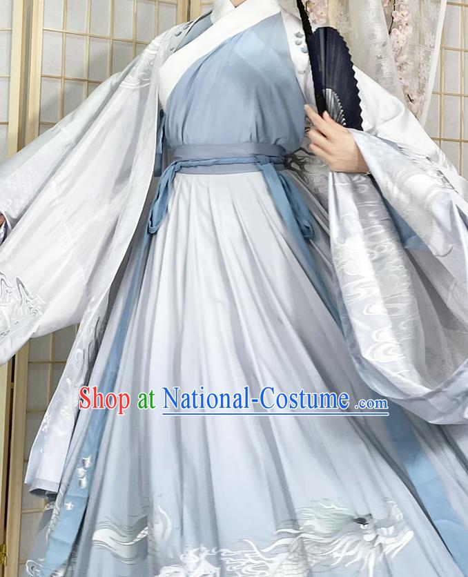 China Jin Dynasty Noble Childe Historical Clothing Traditional Embroidered Blue Hanfu Apparels Ancient Swordsman Garment Costumes