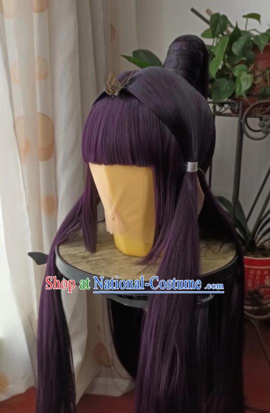 China Ancient Swordswoman Purple Wigs Traditional Puppet Show Feng Die Hair Accessories Cosplay Fairy Princess Hairpieces