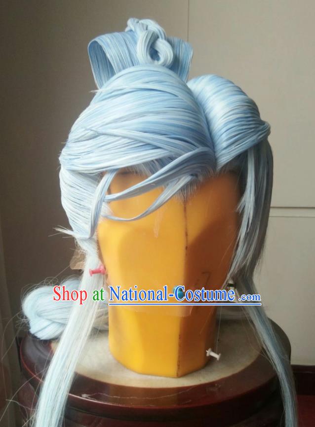 Chinese Ancient Swordsman Periwig Hair Accessories Puppet Show Headdress Traditional Handmade Cosplay Knight Blue Wigs Hairpieces