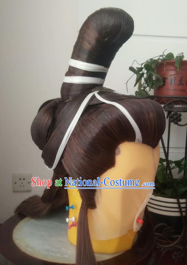 Chinese Puppet Show Xi Xueyi Headdress Traditional Handmade Cosplay Warrior Brown Wigs Hairpieces Ancient Swordsman Periwig Hair Accessories