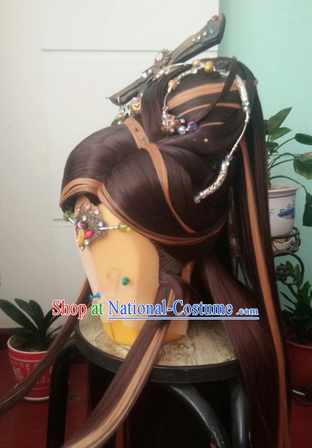 Chinese Puppet Show Young Childe Headdress Traditional Handmade Cosplay Swordsman Brown Wigs Hairpieces Ancient Royal Prince Periwig Hair Accessories