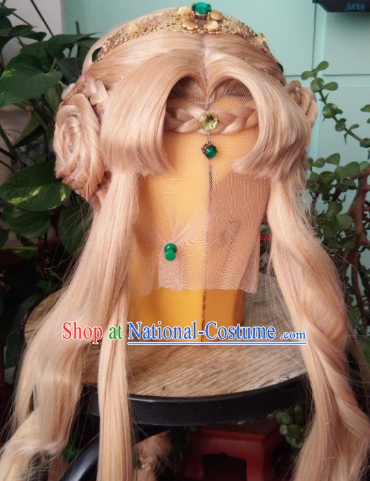 China Traditional Puppet Show Young Beauty Hair Accessories Cosplay Fairy Princess Hairpieces Ancient Swordswoman Golden Wigs