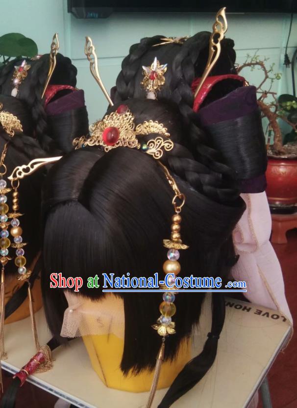 China Ancient Fairy Wigs and Hair Crown Traditional Puppet Show Feng Cailing Hair Accessories Cosplay Palace Princess Hairpieces