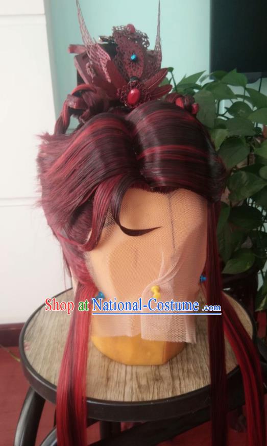 Chinese Handmade Puppet Show Shangguan Hongxin Headdress Traditional Cosplay Royal King Red Wigs Hairpieces Ancient Swordsman Periwig Hair Accessories