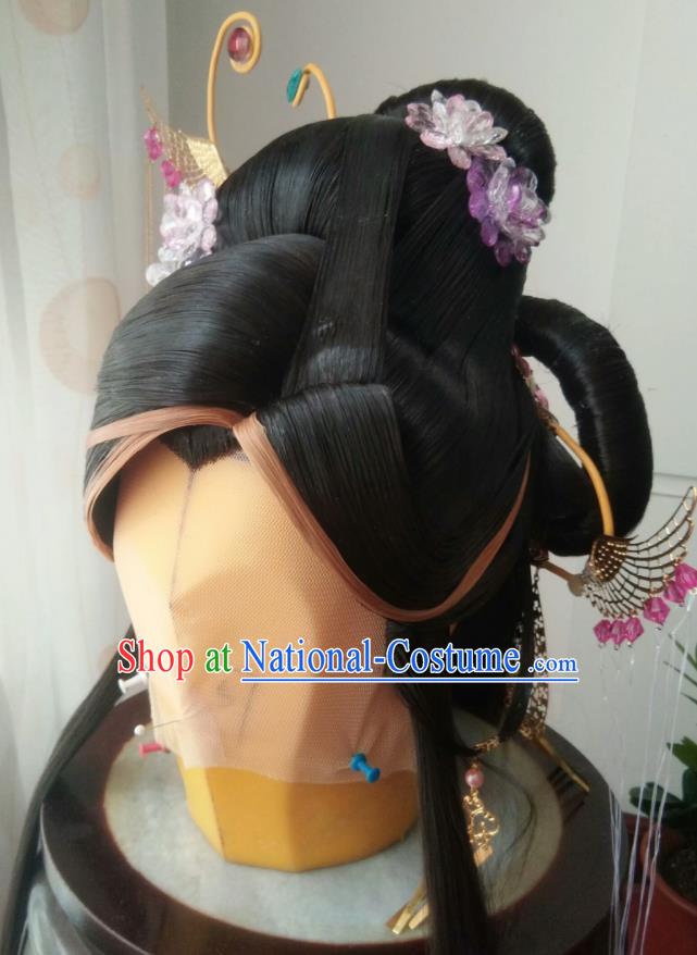 China Traditional Puppet Show Swordswoman Geng Qiulu Hair Accessories Cosplay Female Knight Hairpieces Ancient Fairy Princess Wigs