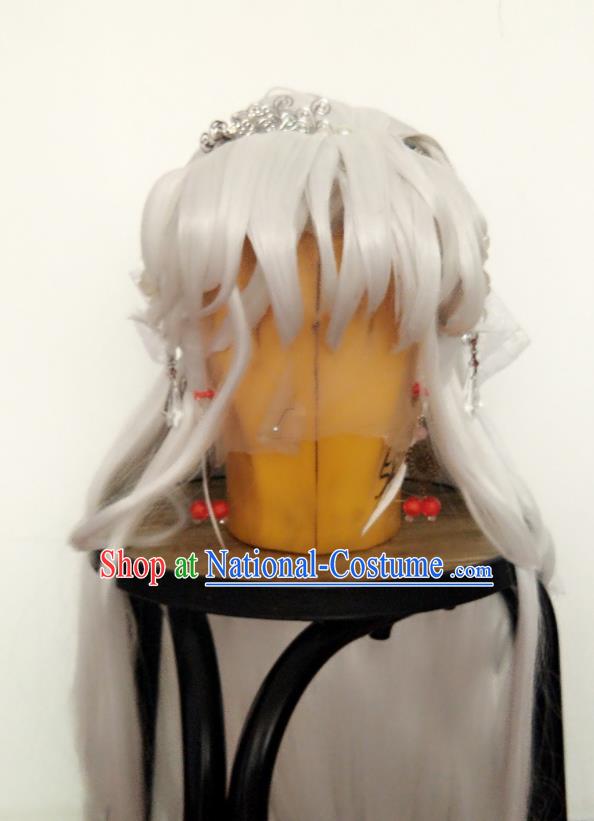 China Ancient Fairy Princess White Wigs Traditional Puppet Show Swordswoman Hair Accessories Cosplay Goddess Hairpieces