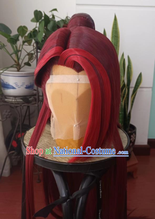 Chinese Puppet Show Young Hero Headdress Traditional Handmade Knight Red Wigs Hairpieces Ancient Swordsman Periwig Hair Accessories