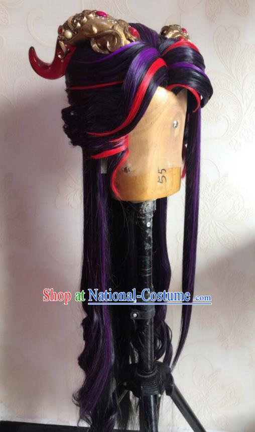 Chinese Traditional Cosplay Demon Prince Purple Wigs and Hair Crown Hairpieces Ancient Young Male Periwig Hair Accessories Handmade Puppet Show Swordsman Headdress