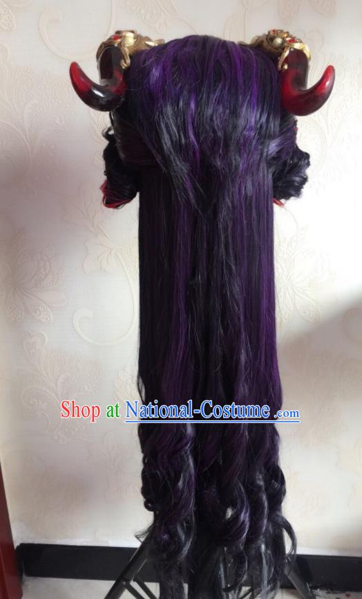 Chinese Traditional Cosplay Demon Prince Purple Wigs and Hair Crown Hairpieces Ancient Young Male Periwig Hair Accessories Handmade Puppet Show Swordsman Headdress