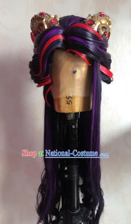 Chinese Traditional Cosplay Demon Prince Purple Wigs and Hair Crown Hairpieces Ancient Young Male Periwig Hair Accessories Handmade Puppet Show Swordsman Headdress