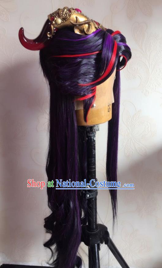 Chinese Traditional Cosplay Demon Prince Purple Wigs and Hair Crown Hairpieces Ancient Young Male Periwig Hair Accessories Handmade Puppet Show Swordsman Headdress