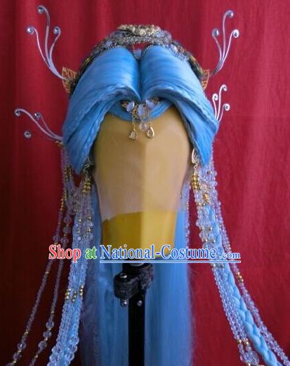 China Ancient Princess Blue Wigs and Hair Crown Traditional Puppet Show Fairy Hair Accessories Cosplay Goddess Hairpieces