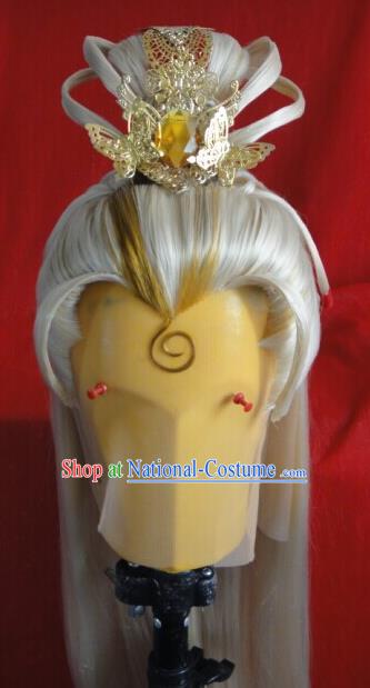 Chinese Traditional Cosplay Prince Golden Wigs Hairpieces Ancient Emperor Periwig Hair Accessories Handmade Puppet Show Feng Piaopiao Headdress