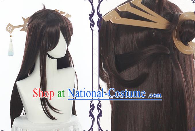 Chinese Ancient Swordsman Periwig Hair Accessories Handmade Cosplay Dragon King Headdress Traditional Chivalrous Male Brown Wigs Hairpieces