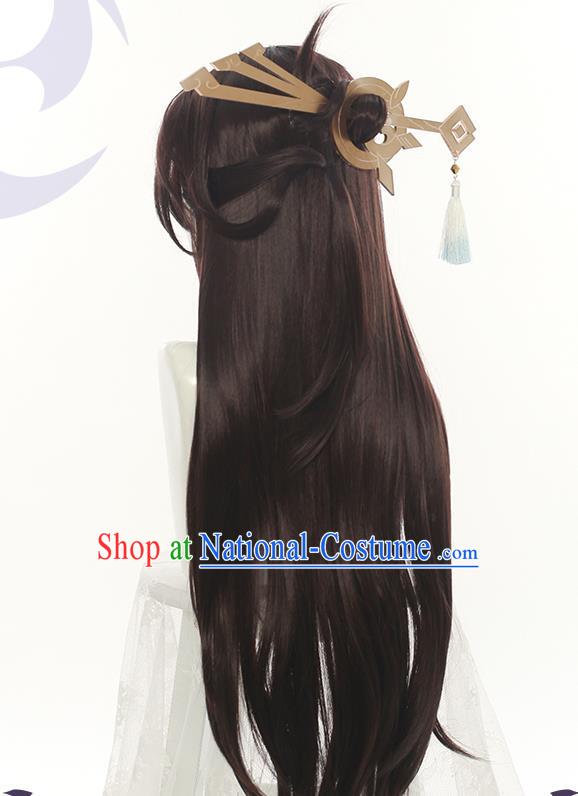 Chinese Ancient Swordsman Periwig Hair Accessories Handmade Cosplay Dragon King Headdress Traditional Chivalrous Male Brown Wigs Hairpieces