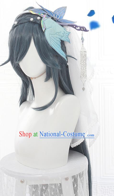 China Cosplay Fairy Hairpieces Ancient Young Lady Grey Wigs and Hair Crown Traditional Female Warrior Hair Accessories