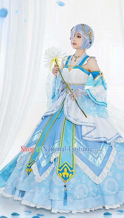 Custom Halloween Goddess Clothing Cosplay Fairy Princess Garment Costumes Game Role Young Lady Blue Dress