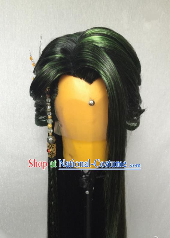 Chinese Handmade Puppet Show Swordsman Headdress Traditional Cosplay Demon Prince Green Wigs Hairpieces Ancient Young Hero Periwig Hair Accessories