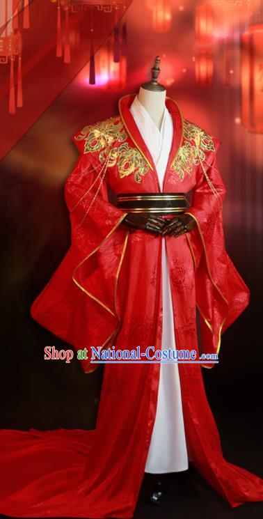 China Ancient Emperor Red Clothing Traditional Wedding Garment Costumes Cosplay Demon King Apparels