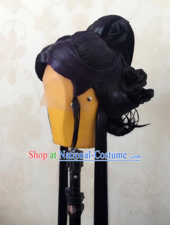 China Ancient Empress Purple Wigs Traditional Puppet Show Goddess Hair Accessories Cosplay Queen Hairpieces