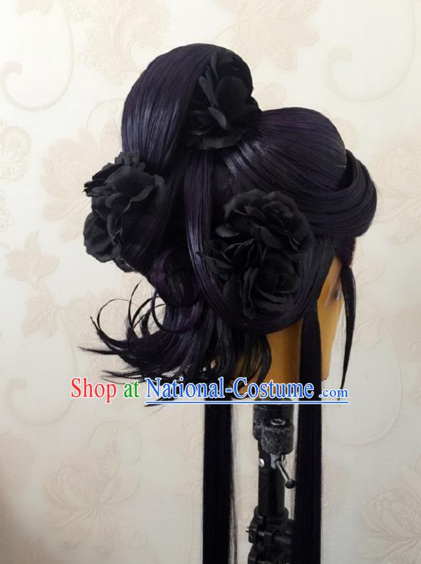 China Ancient Empress Purple Wigs Traditional Puppet Show Goddess Hair Accessories Cosplay Queen Hairpieces