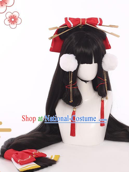 Handmade Traditional Game Young Lady Hair Accessories Cosplay Fairy Hairpieces Snow Woman Black Wigs