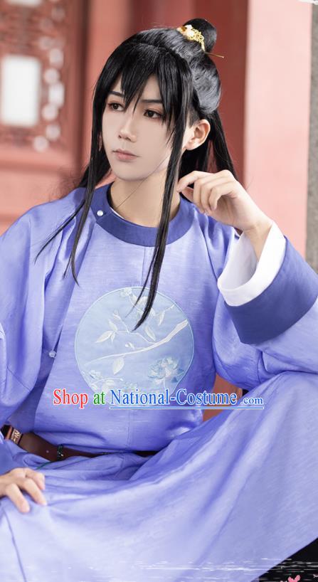 China Traditional Tang Dynasty Young Hero Garment Costumes Cosplay Swordsman Apparels Ancient Knight Purple Robe Clothing