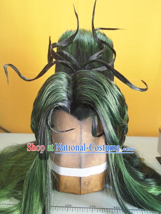 Chinese Traditional Puppet Show Knight Green Wigs Hairpieces Ancient Young Hero Periwig Hair Accessories Handmade Cosplay Swordsman Headdress