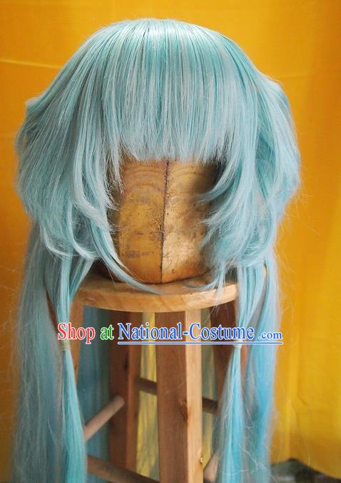 China Ancient Young Lady Blue Wigs Headdress Traditional Puppet Show Yue Sheng Hair Accessories Cosplay Maidservant Hairpieces